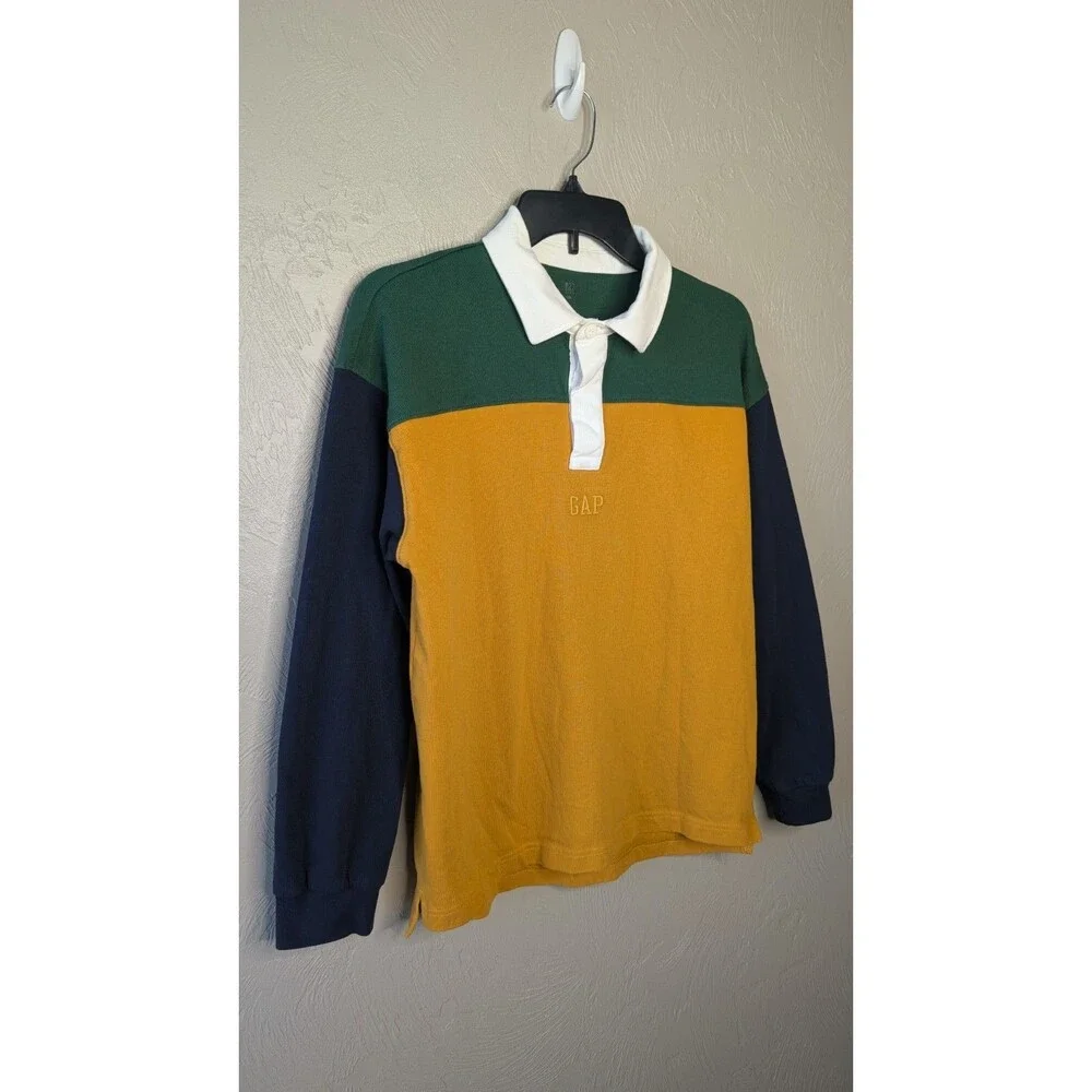 GAP Kids Boys XXL Blue Green Yellow Colorblock Logo Long Sleeve Rugby Polo Shirt